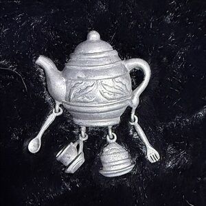 Tea Time Brooch Silver Tone Tea Pot Tea Cup Spoon Fork Dangle Brooch